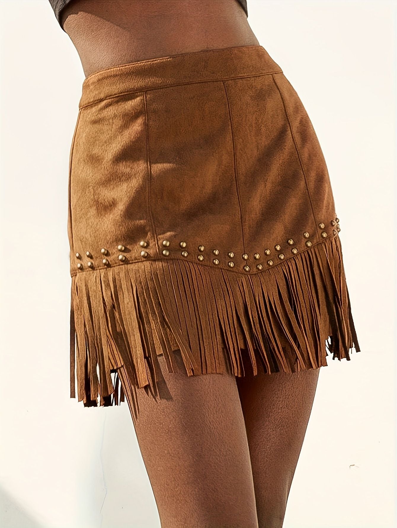 2025 European and American Style Elegant Vacation Style Women's Clothing Suede Fringed Rivet Design Short Skirt Suede