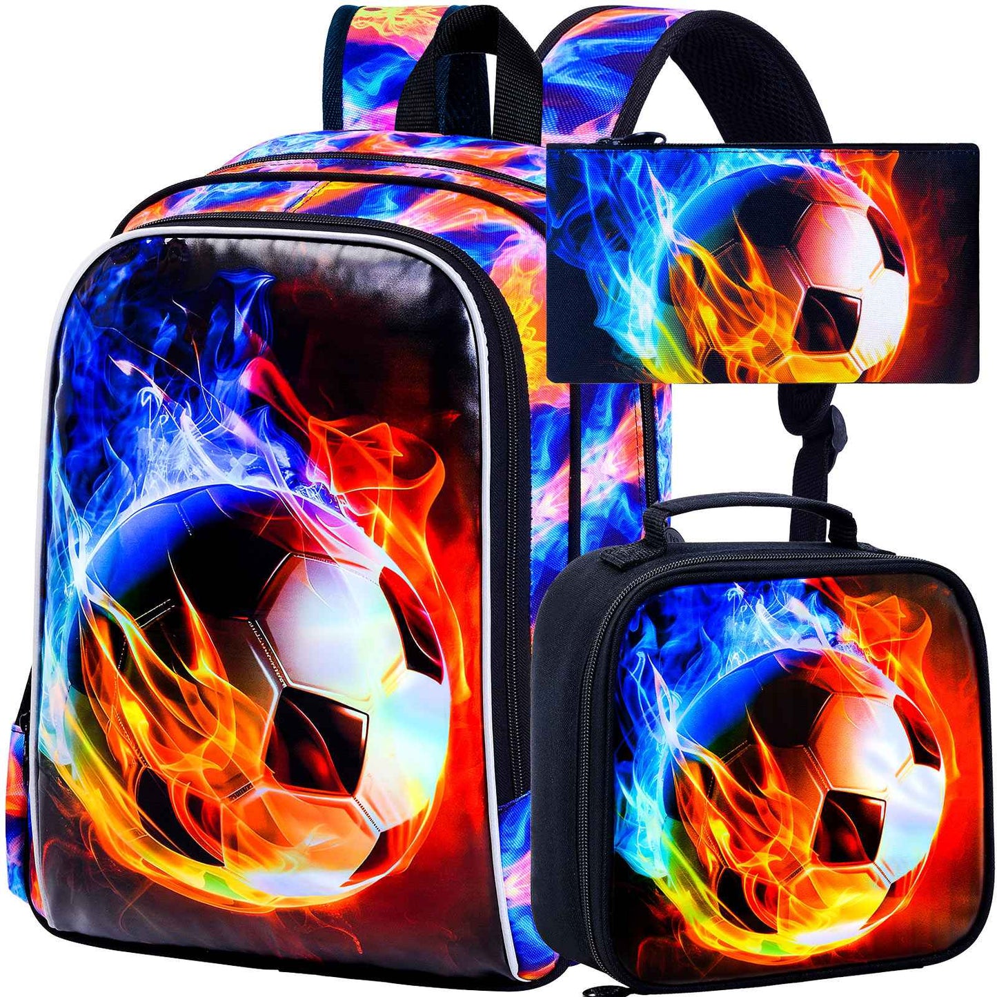 Mochila de Futebol para Meninos 3 Peças, Mochila Escolar Infantil com Lancheira, Mochila Escolar de 17" Resistente à Água para Adolescentes do Ensino Fundamental e Médio
