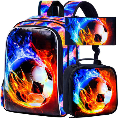 Mochila de Futebol para Meninos 3 Peças, Mochila Escolar Infantil com Lancheira, Mochila Escolar de 17" Resistente à Água para Adolescentes do Ensino Fundamental e Médio