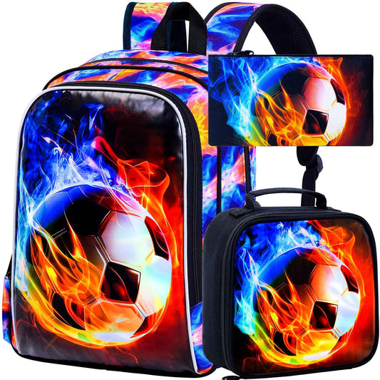 3PCS Boys Soccer Backpack, Kids Fire Bookbag with Lunch Box, 17" Water Resistant School Bag for Teenagers Elementary Middle