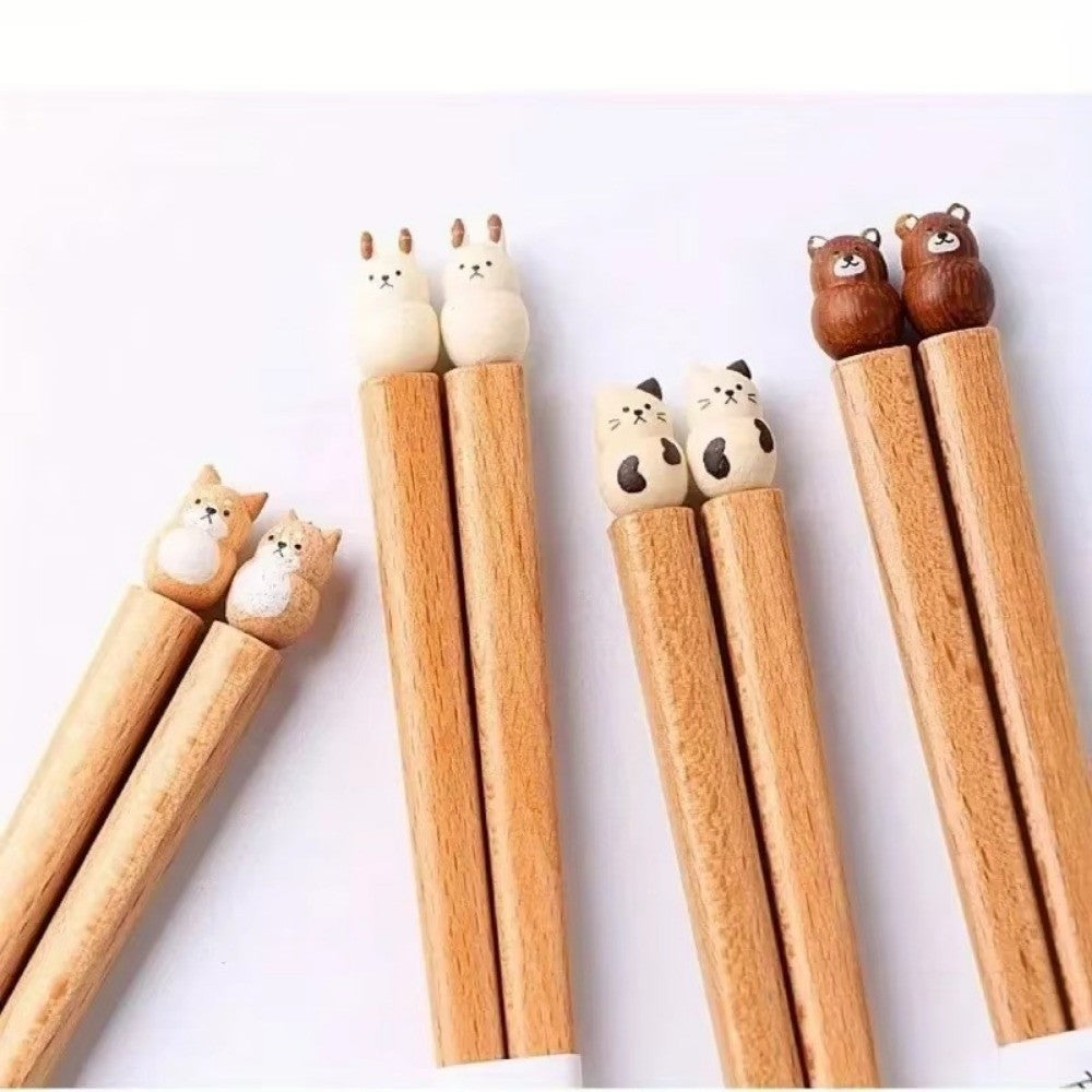 Hashis de Desenho Animado de Animais Fofos, Hashis de Madeira de Faia para Casais de Sushi, Utensílios de Jantar de Madeira Entalhados à Mão, Práticos e Bonitos