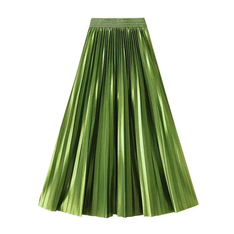 High Waist Satin Pleated Skirt 1 Meter Long Floor Length Pearl Glitter A- Line Umbrella Half Body Skirts Polyester Fiber