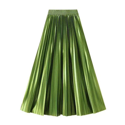 High Waist Satin Pleated Skirt 1 Meter Long Floor Length Pearl Glitter A- Line Umbrella Half Body Skirts Polyester Fiber