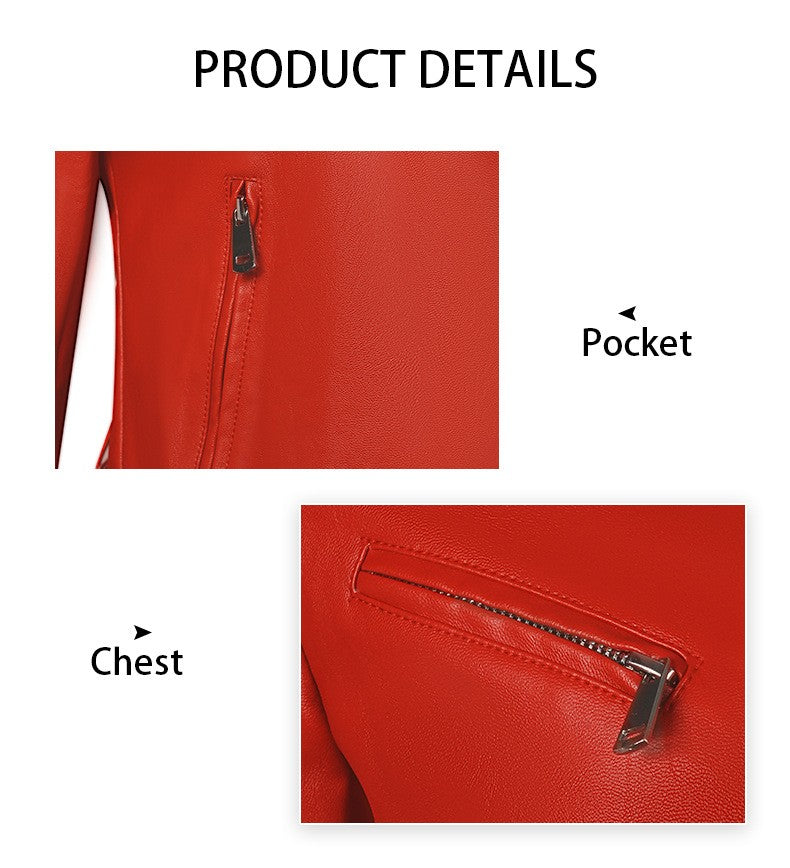 Women's Bright Red Long-sleeve PU Jacket, Lapel Collar Black Short Faux Leather Coat, Available in Dark Brown or Beige.