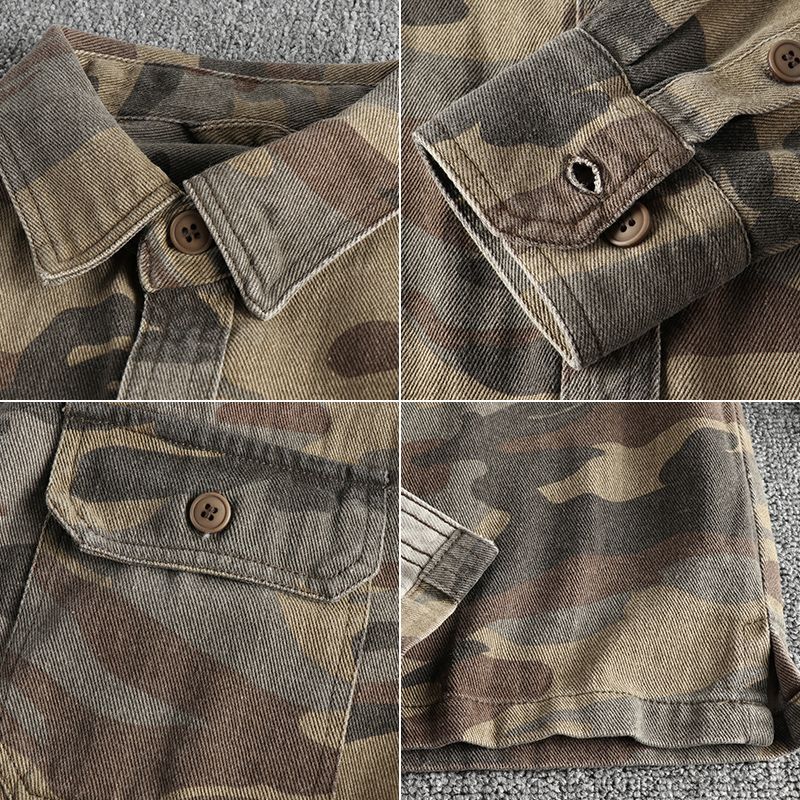 May Khaki wash vintage thick woven cotton cargo long sleeve shirt men's autumn and winter casual shirt coat