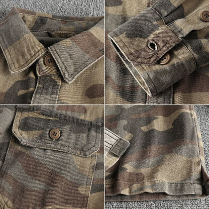 May Khaki wash vintage thick woven cotton cargo long sleeve shirt men's autumn and winter casual shirt coat