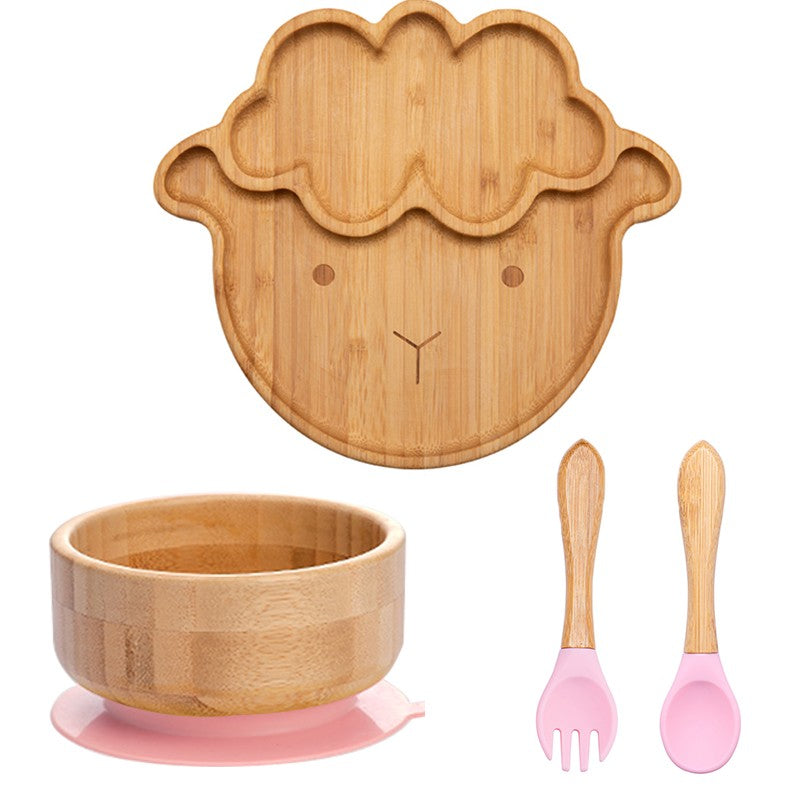 4pcs Bamboo Plate Sets Baby Feeding Bowl Wooden Kids Feeding Supplies Spoon Fork for Baby Tableware Suction Plate Bowl Cup