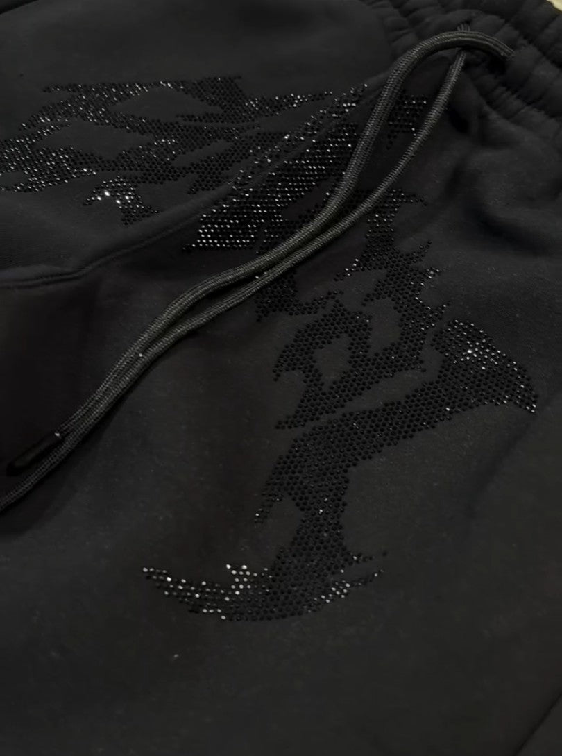 Calça Jogger Y2K Retrô Gótico Hip Hop com Strass Bordado Casual Masculina Feminina Calça Folgada Moda com Tira no Tornozelo