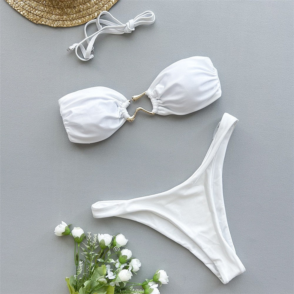 Solid Pink Bandeau Micro Bikini Thong Metal Ring Sexy Swimsuit Women Holiday Ladies Swimwear High Cut Bathing Suit Bikinis Sets