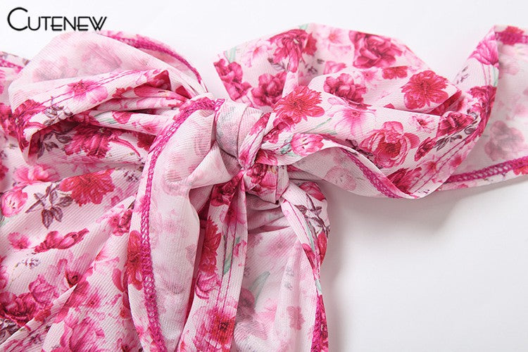 Cutenew Floral Print Women Midi Dresses Fashion Incline Shoulder Bandage Ruffle