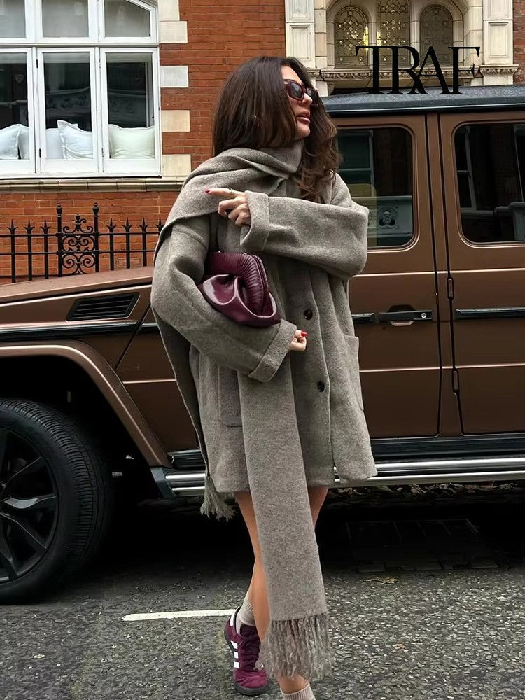 Women's Fashion Scarf Short Knit Coat Jacket Loose Warm Long Sleeve Two Pieces Solid Color High Street O-Neck Outerwear
