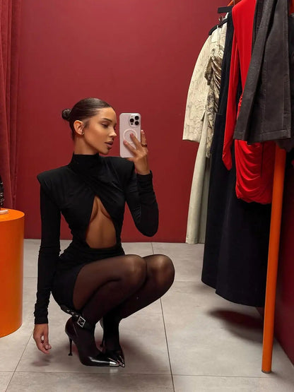 Sexy Hollow-out Pleated Mini Dress Women Fashion Solid Half High Collar Long Sleeve Slim Dresses 2025 Lady Party Club Robes