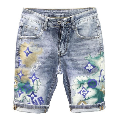 Summer 2024 New Fashion Trend Printed Stretch Cotton Shorts Men's Casual Sashimi Comfort High Quality Plus-Size Denim Shorts