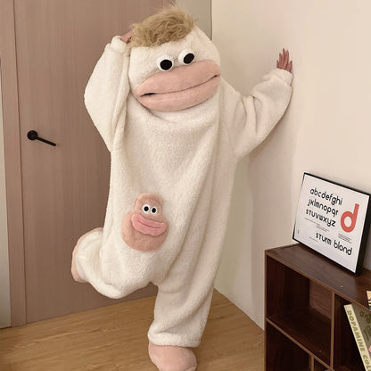 Funny Big Mouth Monster Onesie Pajamas Fluffy Coral Fleece Hooded Loungewear with Pocket Cartoon Party Costume