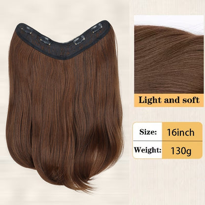 Extensões de Cabelo Sintético Longo Liso em V de 16 Polegadas com 4 Clipes, Aplique Preto Marrom para Adicionar Volume, Uso Diário e em Festas por Mulheres