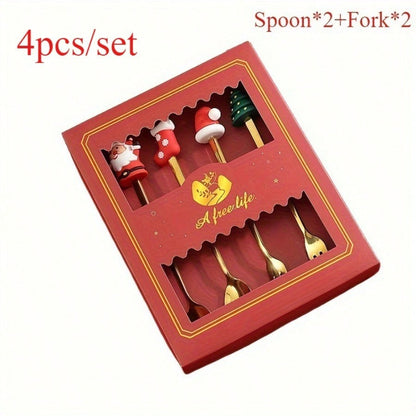 A set of Christmas stainless steel tableware, spoons and forks - can be put in the dishwasher, holiday gift set with gift box
