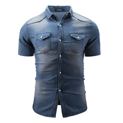 New Men's Fashion Short Sleeve Denim Shirt Soft Solid Color Slim Fit Cowboy Top for Men