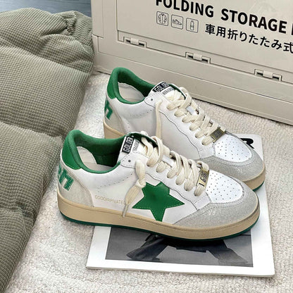 Sapatilhas de Couro Casual de Porco com Estrela Patchwork Cores Esfregadas Estilo Colegial Feminino Branco Antigo