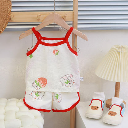 Summer Children Sling Shorts Set Fashion Flower Girls Kids Thin Breathable Pajamas Cute Cartoon Baby Toddler Home Clothes