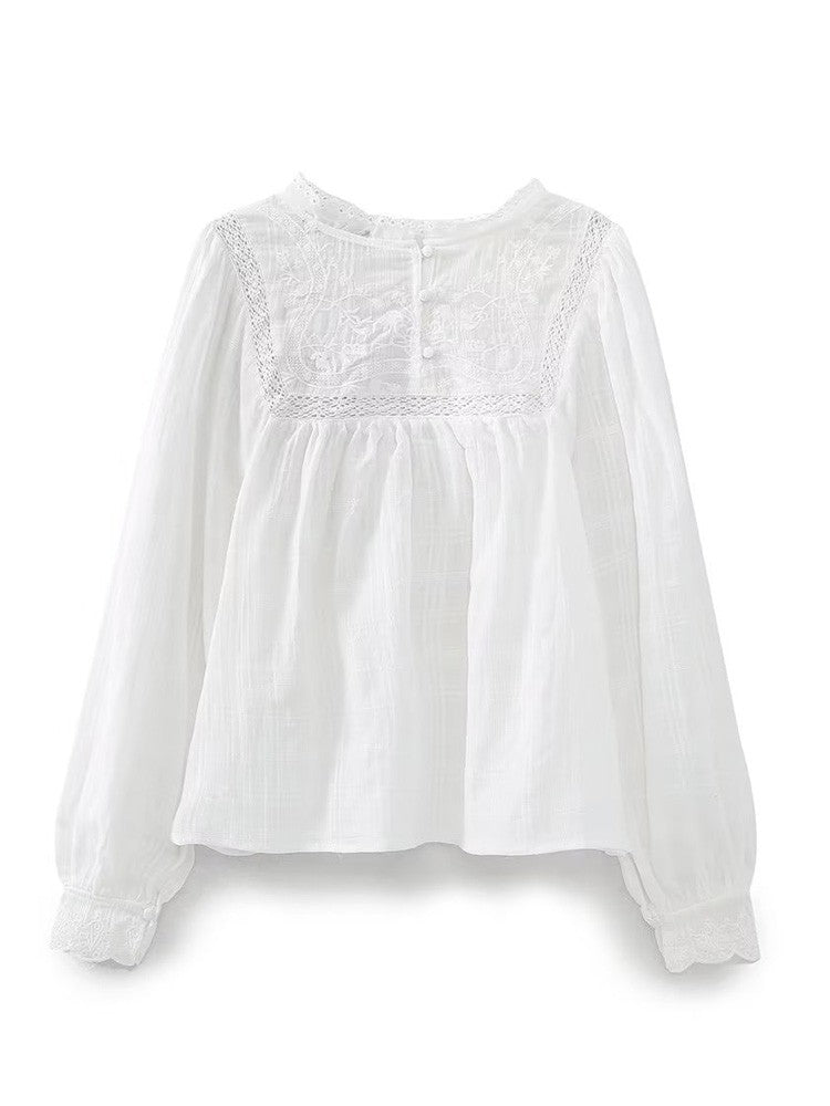 Willshela Women Fashion Embroidery White Hollow Out Blouse Vintage O-Neck Long Sleeves Female Chic Lady Shirts