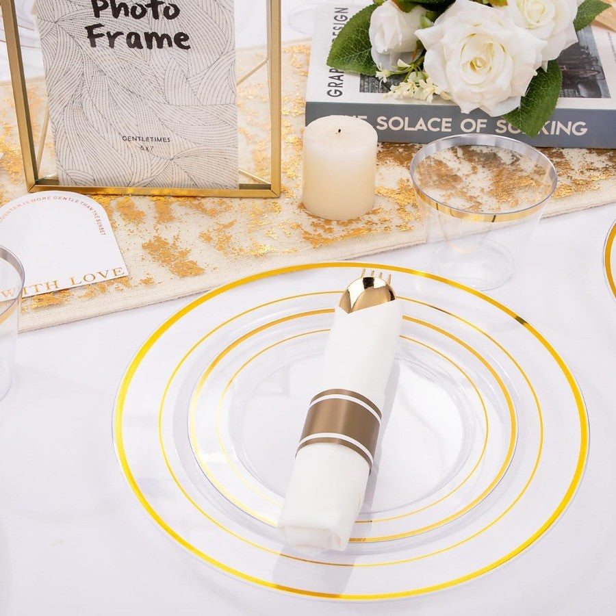 350PCS Clear Gold Plastic Dinnerware Set for 50 Guests Thanksgiving Plates Disposable Include: 50 Dinner Plates 50 Dessert Plat
