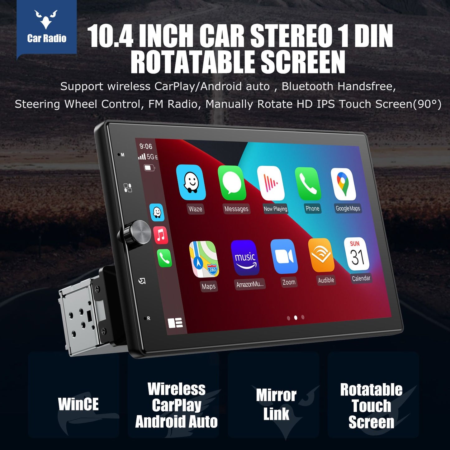 10.4" Wireless Single 1 DIN Rotatable Car Stereo Radio Apple CarPlay & Android Auto Touch Screen USB BT FM AUX-IN SWC+MIC&Camera
