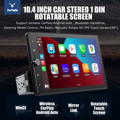 10.4" Wireless Single 1 DIN Rotatable Car Stereo Radio Apple CarPlay & Android Auto Touch Screen USB BT FM AUX-IN SWC+MIC&Camera