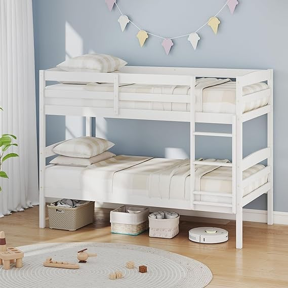 Bunk Bed Twin Over Twin, Solid Wood Detachable Bed Frame with High Guardrails & Integrated Ladder, Wooden Slatted B
