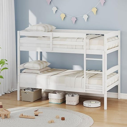 Bunk Bed Twin Over Twin, Solid Wood Detachable Bed Frame with High Guardrails & Integrated Ladder, Wooden Slatted B