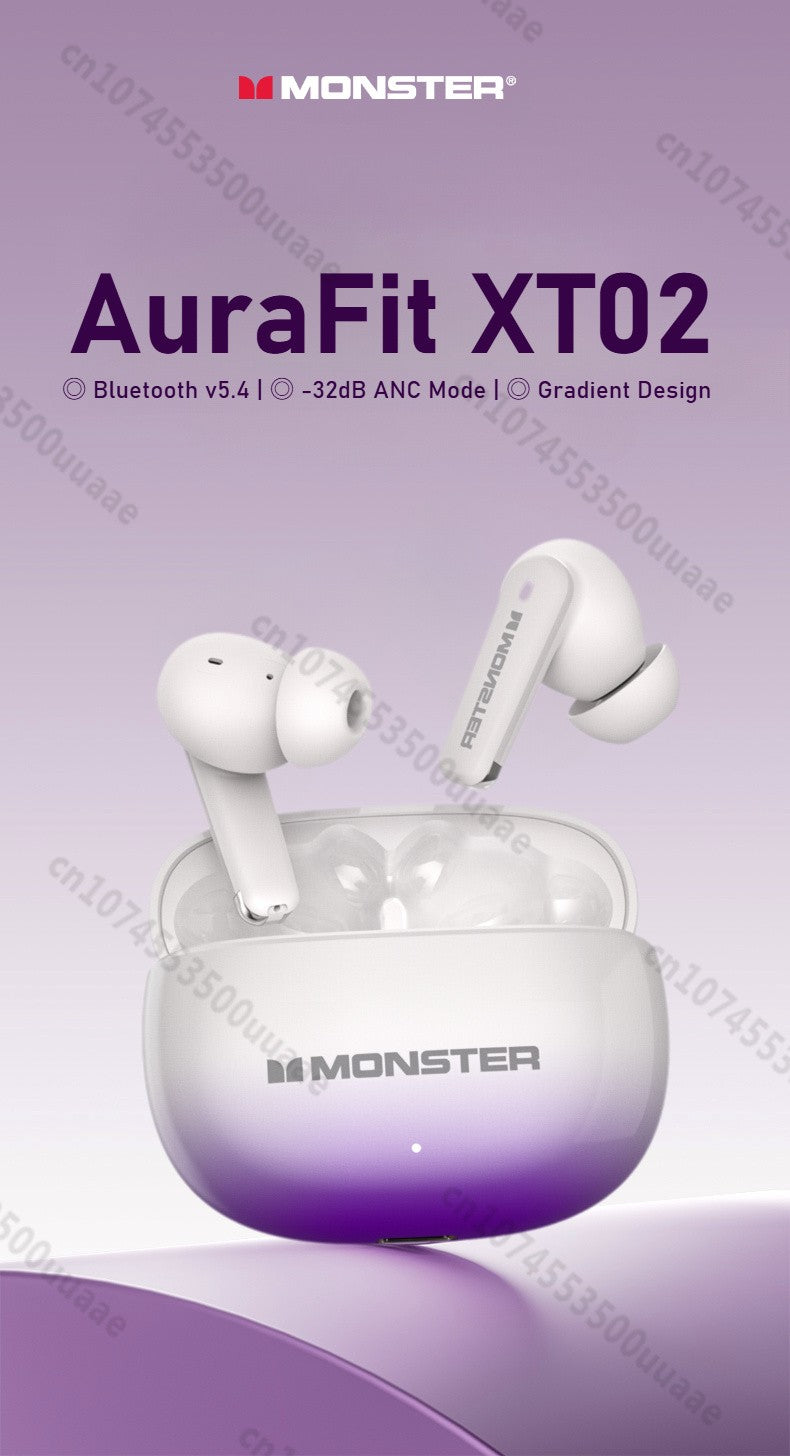 Monster AuraFit XT02 ANC Bluetooth Earphone -32dB Active Noise Canceling Earbuds Hi-fi Stereo Wireless Bluetooth 5.4 Headphone