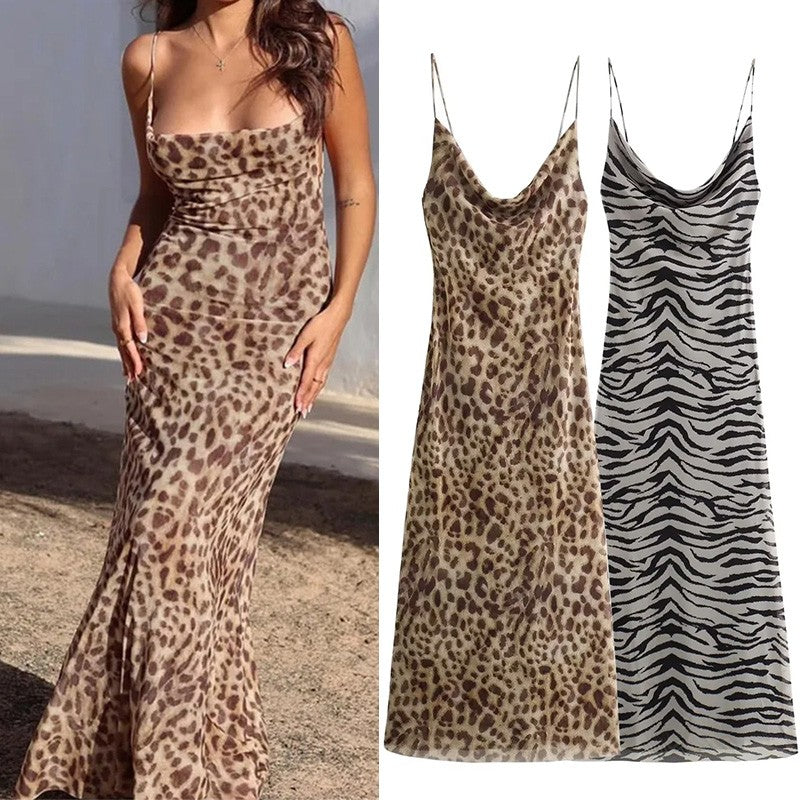 MUJER Leopard Print Tulle Slip Dress Woman Backless Summer Long Dresses For Wome