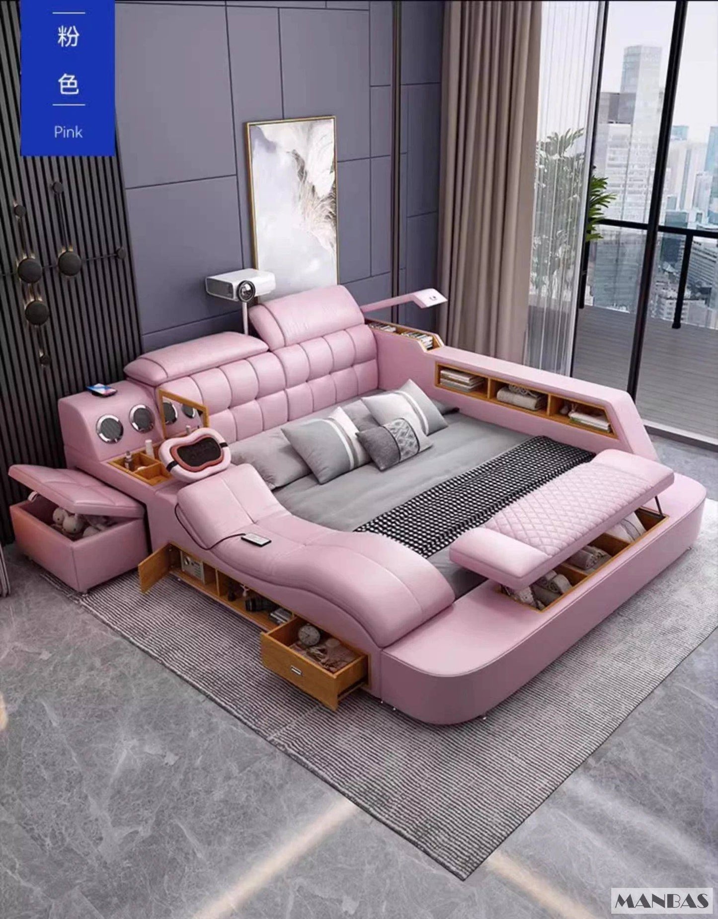 MANBAS Luxury King Size Genuine Leather Bed / Tech Smart Bed / Multifunctional Ultimate Beds / Massage Bed with USB,Projecter