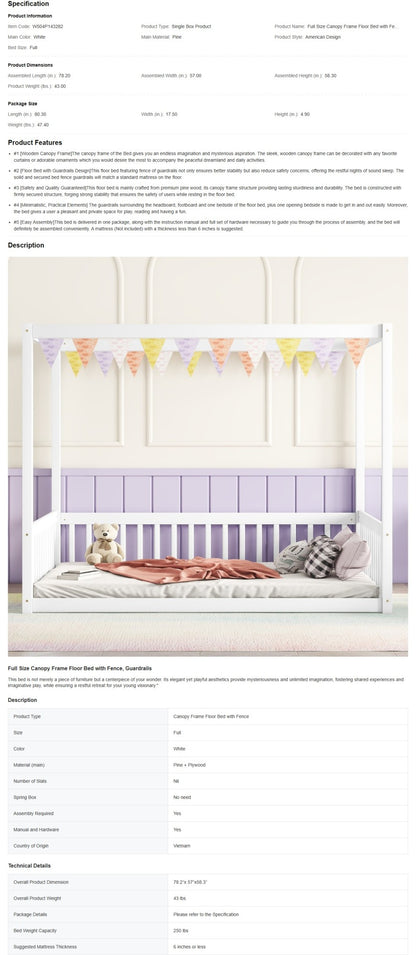Full-Size Canopy Bed Frame with Safety Rails and Fence - White Finish