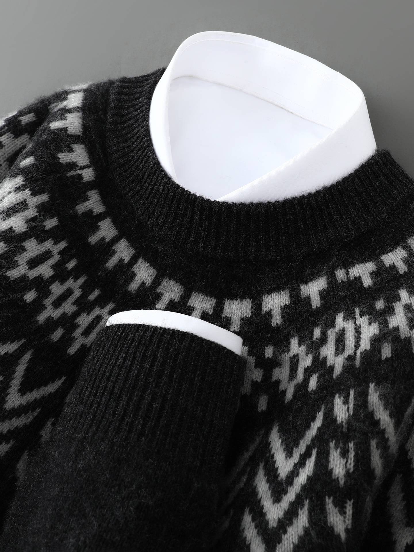 Men's 100% Merino Wool Pullover Sweater O-neck Fair Isle Jacquard Loose Casual Knitwear Long Sleeve Cashmere Tops Autumn Winter