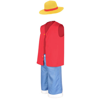 LUFEI cosplay costume set, pirate style red vest+blue shorts+straw hat, anime enthusiast cosplay event full outfit