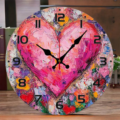 Heart Art Floral Wooden Round Silent Hanging Wall Clock, Suitable For Living Room, Office, Study Room, Bedroom, Home Decoration