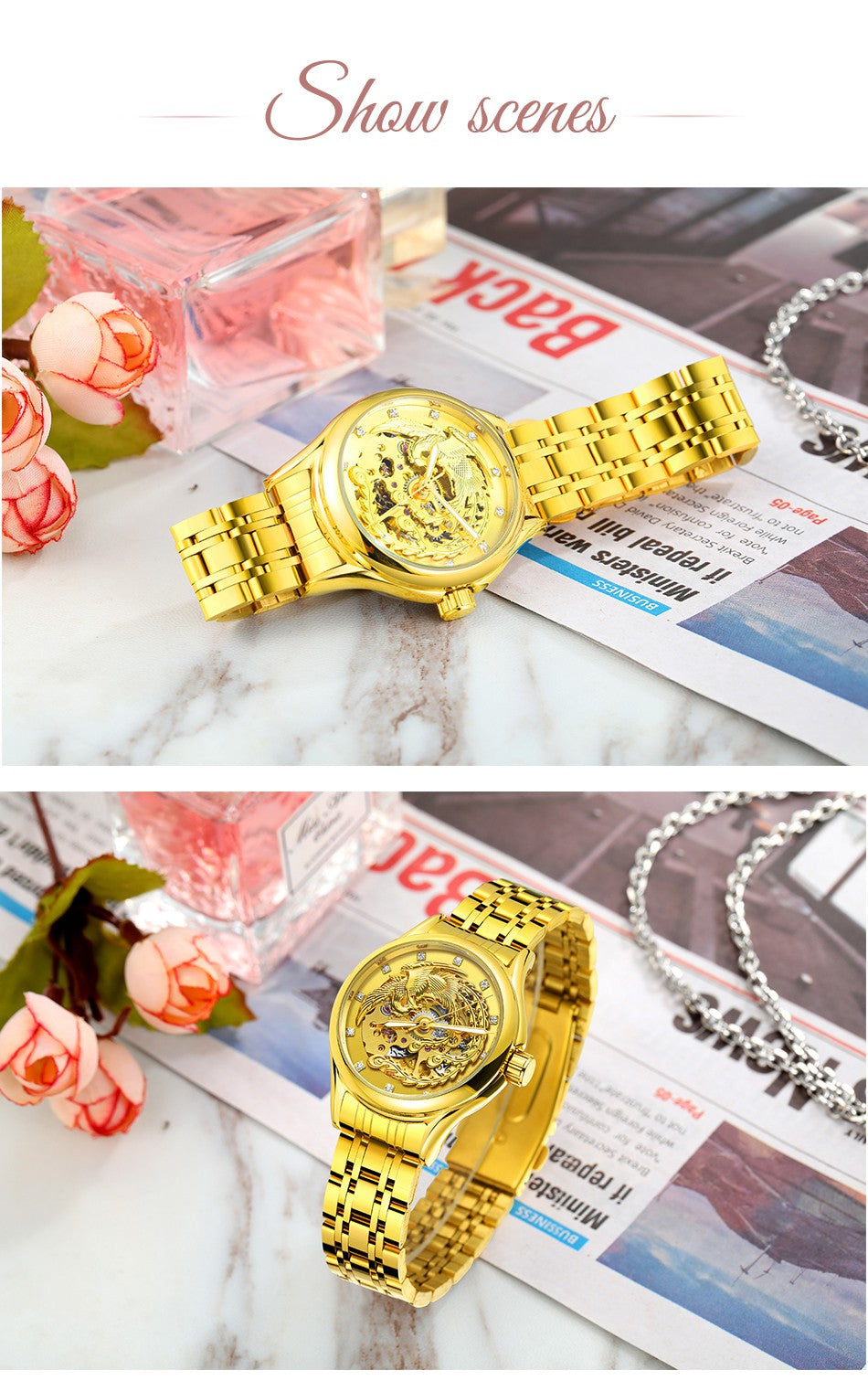 2024 Diamond Steel Skeleton Dial Golden Phoenix Women Fashion Automatic Watch Luxury Waterproof Mechanical Girl Wrist Lady Clock