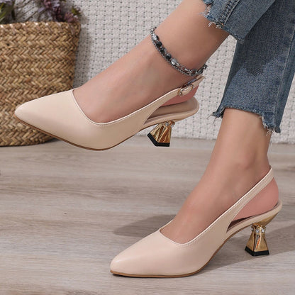 Pu Leather High Heels Pumps Women 2025 Summer Ankle Buckle Thick Heeled Sandals Woman Crystal Decor Pointed Toe Party Shoes