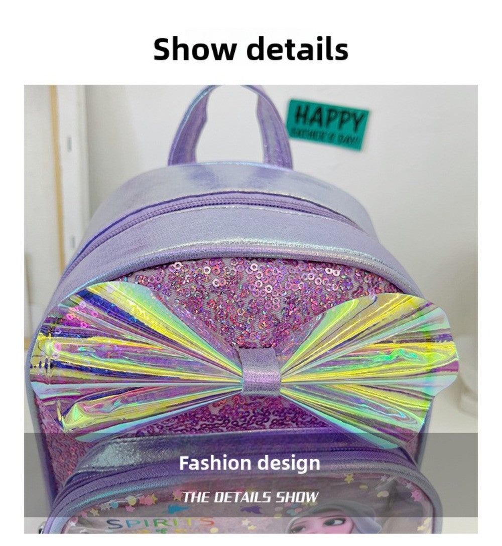 Mochila Mini de Glitter Princesa Elsa de Frozen da Disney, Linda com Laço de Lantejoulas, Bolsa Escolar de Jardim de Infância para Meninas, Desenho Animado Infantil, Mochila de Ombro Duplo