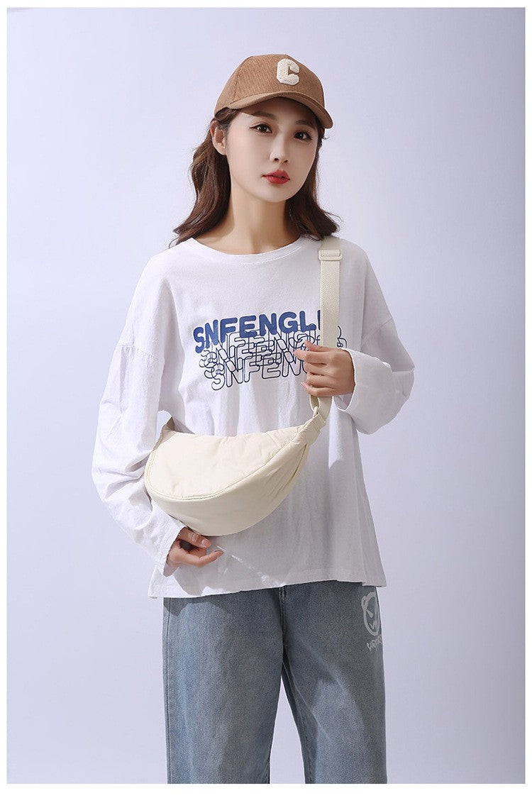 Solid Color Women's Portable Shoulder Bag Simple Female Nylon Cloth Padded Crossbody Bags Travel Purse Handbags Messenger Bag