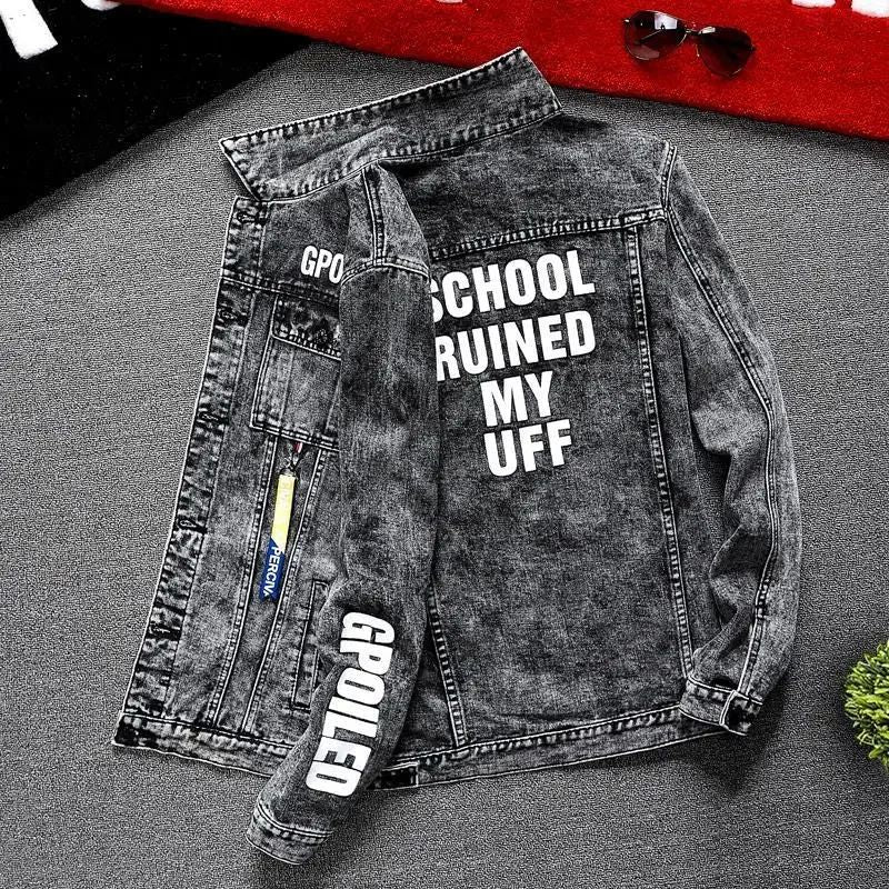 Jeans Coat for Men Hip Hop with Print Ripped Button Black Hole Denim Jackets Man Size L Large Lxury Worn Cowgirl Fast Delvery G