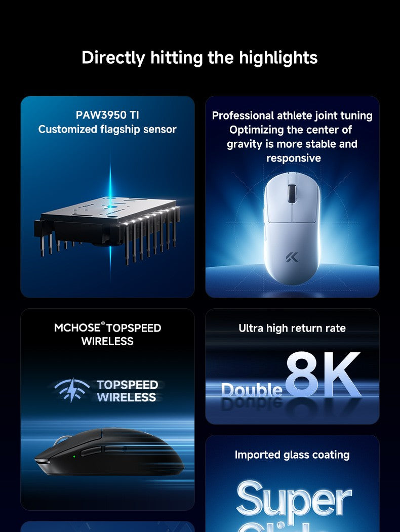 MCHOSE A7 Ultra Mouse Gamer Sem Fio Sensor de Alta Precisão Pixart3950 Design Leve Taxa de Polling de 8000Hz Chip Principal Realtek