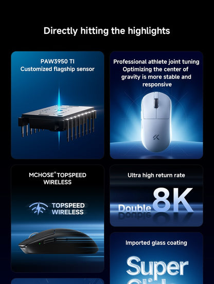 MCHOSE A7 Ultra Mouse Gamer Sem Fio Sensor de Alta Precisão Pixart3950 Design Leve Taxa de Polling de 8000Hz Chip Principal Realtek