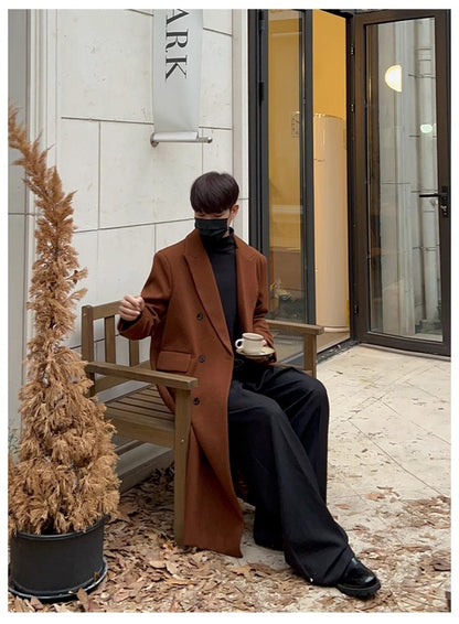 Mauroicardi Autumn Winter Long Warm Coffee Black Soft Woolen Coat Men Double Breasted Loose Casual Wool Blends Overcoat 2023