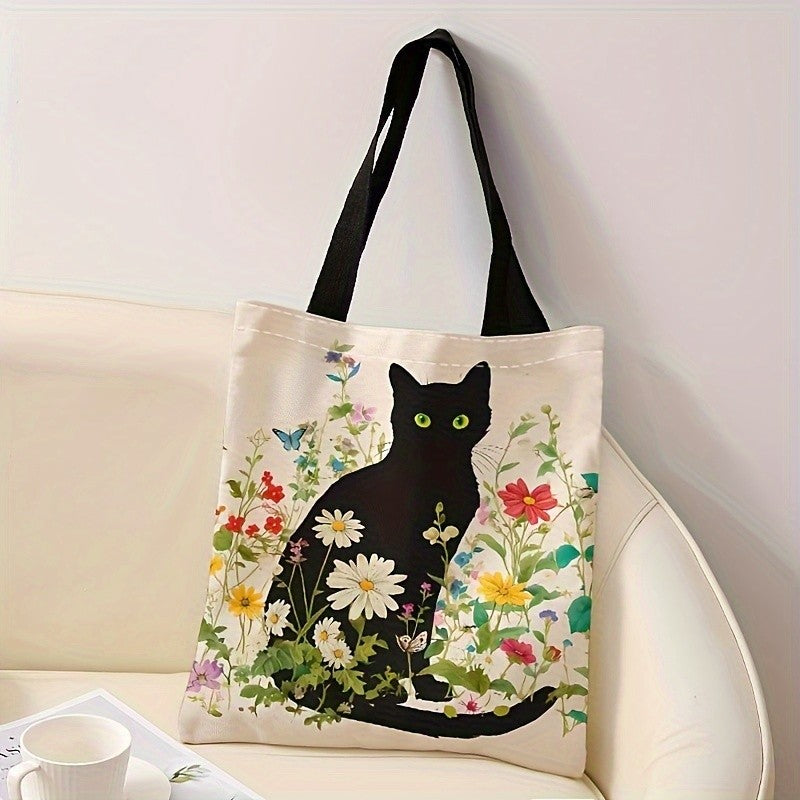 A Casual Tote Bag with a Cat And Flower Pattern, This Reusable Shoulder Shopping Bag
