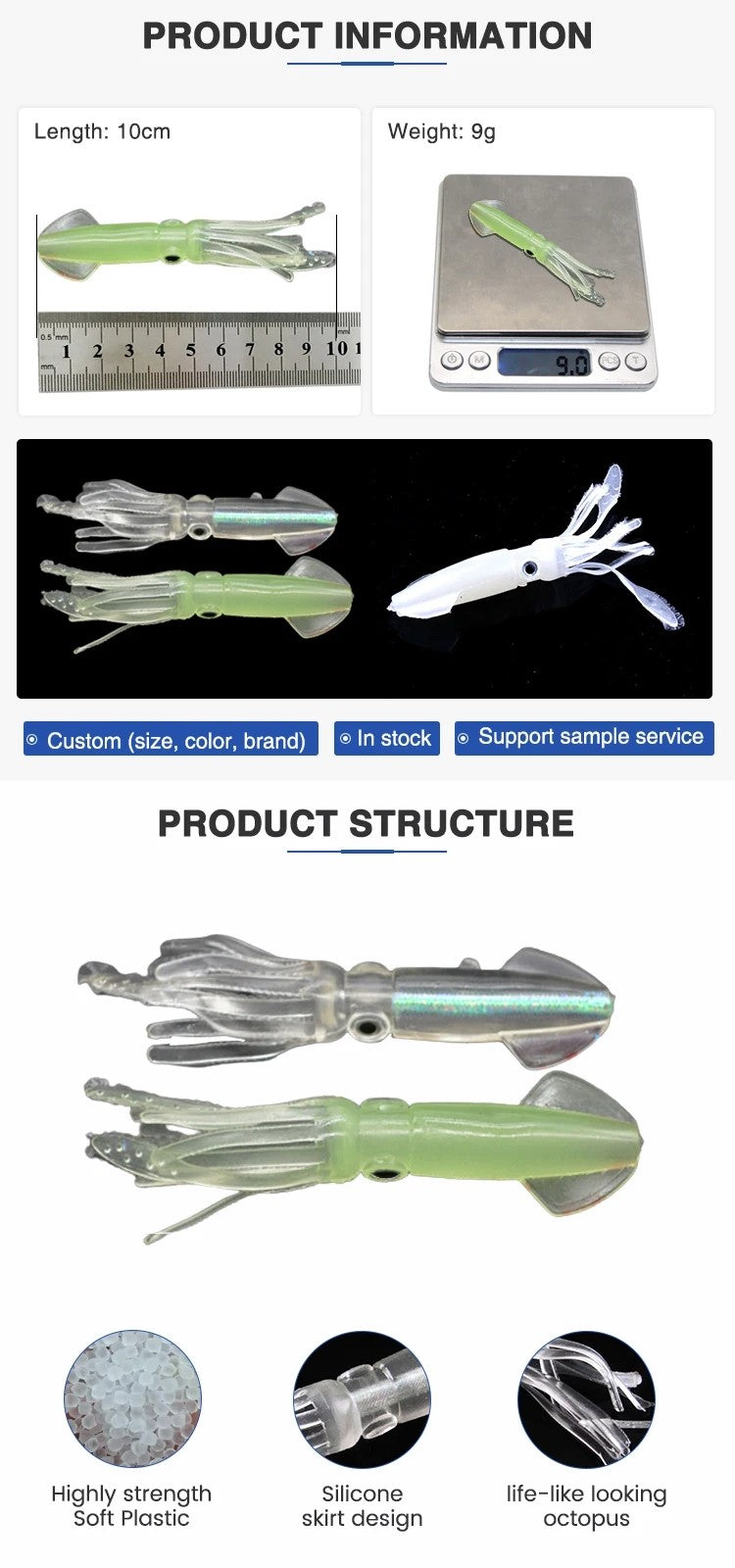 BURLE Luminous Soft Lures Mix Polvo Oleado Saias Macias Lulas Iscas Artificiais Lula Artificial Jig Iscas de Pesca Personalizadas