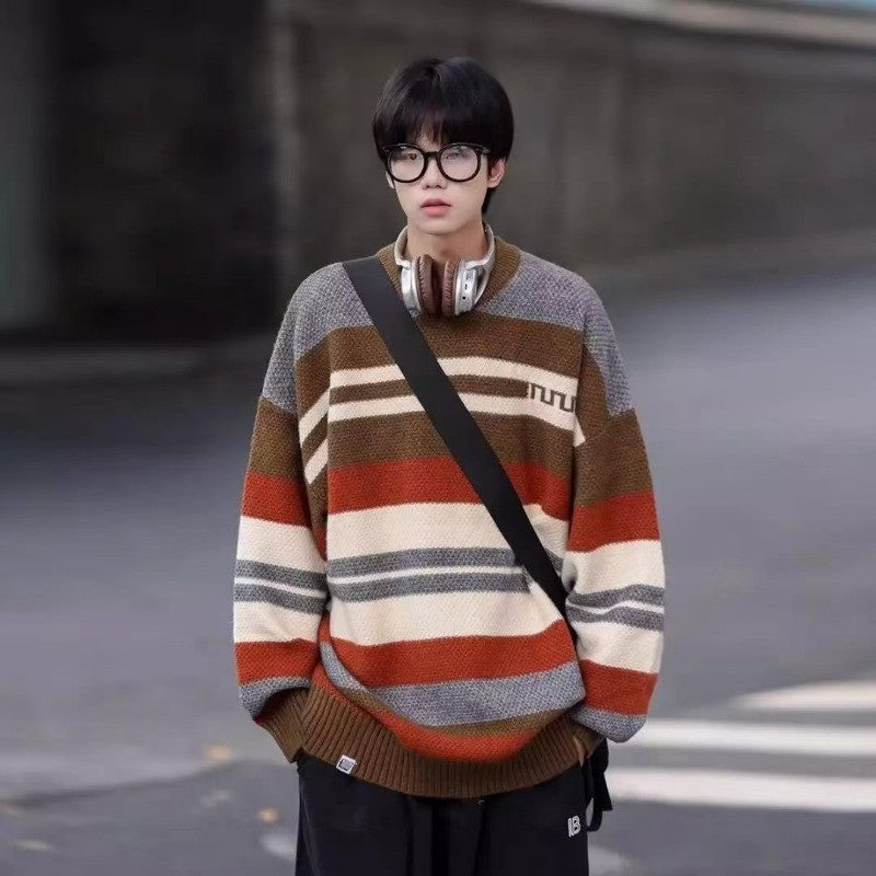Simple Versatile Trendy Men's Crew Neck Sweater Contrasting Stripes Casual Loose Neutral Style Pullover