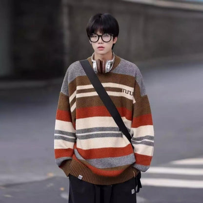 Simple Versatile Trendy Men's Crew Neck Sweater Contrasting Stripes Casual Loose Neutral Style Pullover