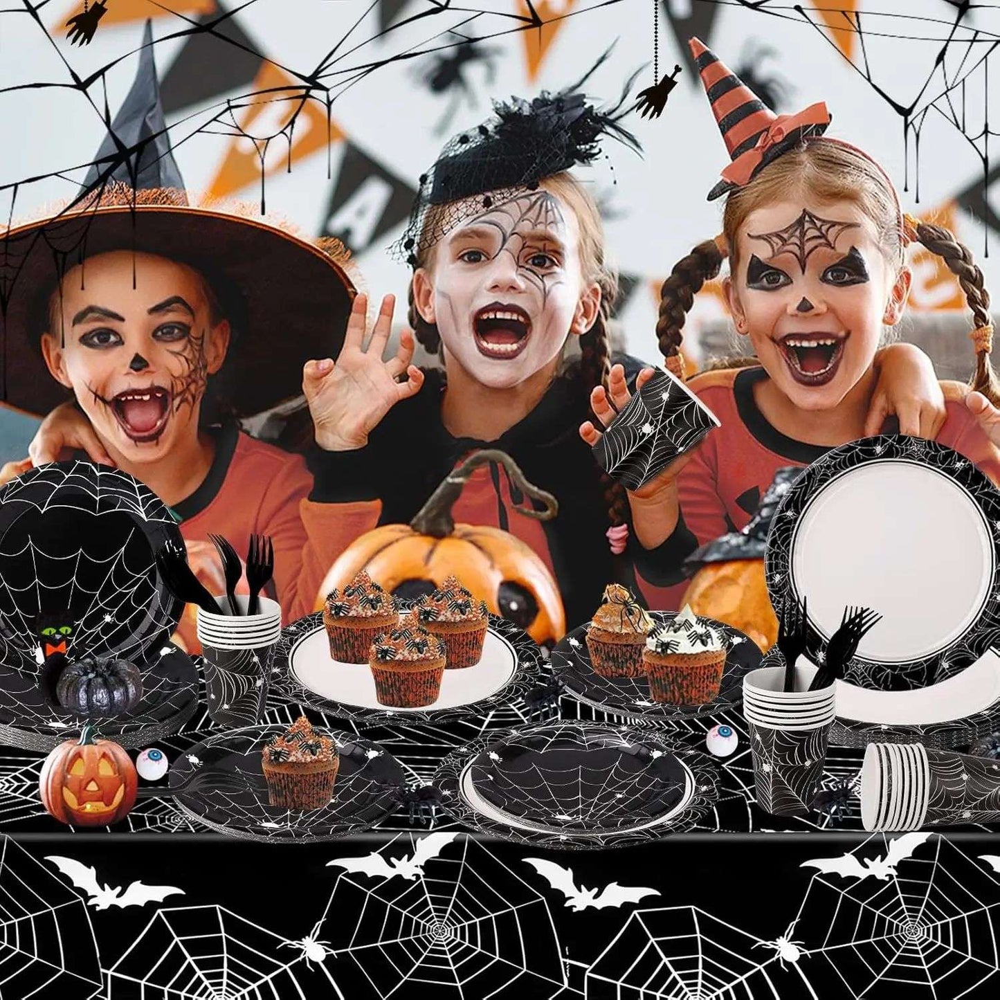 Conjunto de Louça de Festa de Halloween Pratos Festivos Guardanapos Toalha de Mesa Louça Descartável para 10/12 Convidados Decoração de Halloween