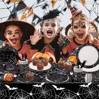 Conjunto de Louça de Festa de Halloween Pratos Festivos Guardanapos Toalha de Mesa Louça Descartável para 10/12 Convidados Decoração de Halloween